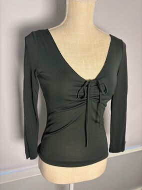 Moschino Deep Green Long-Sleeve V-Neck Ruched Tie Front Top Sz 6